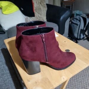 New Look Burgundy Suede Ankle Booties with Block Heel